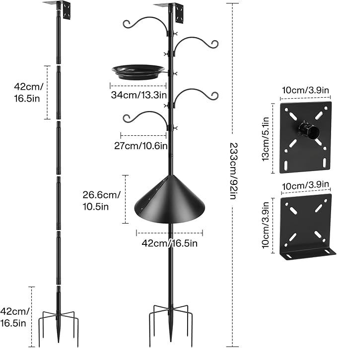 Bird Feeder Station with Squirrel Baffle and Bird Bath,Squirrel Proof for Bird Poles Hanging Feeder Station Kit Adjustable Heavy Duty Metal 5 Prong Base, Patio, Garden Decoration 92IN (Not House)