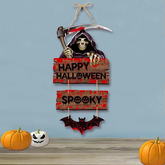 Happy Halloween Decorations Death Hanging Sign Front Door Hanger Wreath Decor Indoor Outdoor Decor for Halloween Party Home Farmhouse Wall Porch Yard Window Decoration Supplies