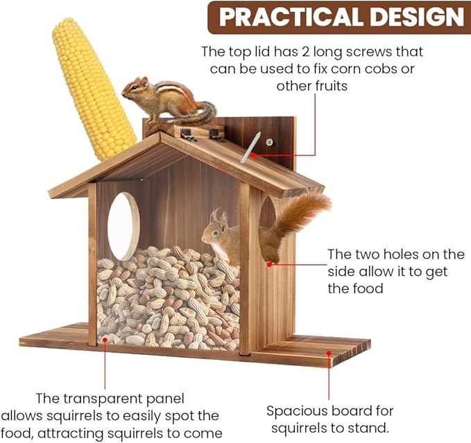Wood Squirrel Feeder, Outside Squirrel House Box for Corn, Squirrel Picnic Table Feeder Box, Chipmunk Feeder Hold Corn, Corn Cob, Easy to Fill with Removable Front Panel, for Outdoors Winter Tree
