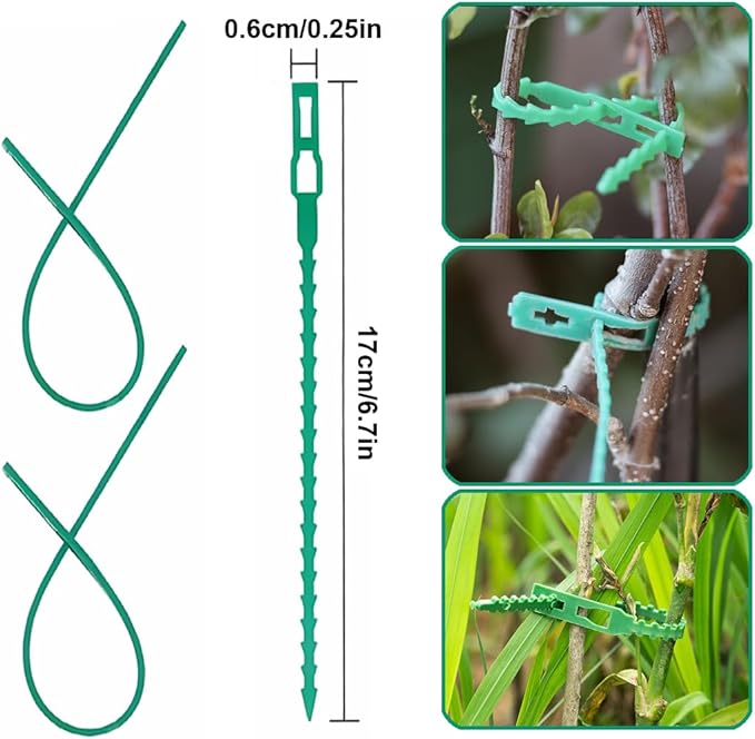200 Pcs Adjustable Plant Ties, 6.7" Serrated Flexible Green Garden Plastic Ties for Climbing Plants, Vines, Flowers, Tomatoes, Trees, Stems, Outdoor Indoor Potted Plant Growth Support.