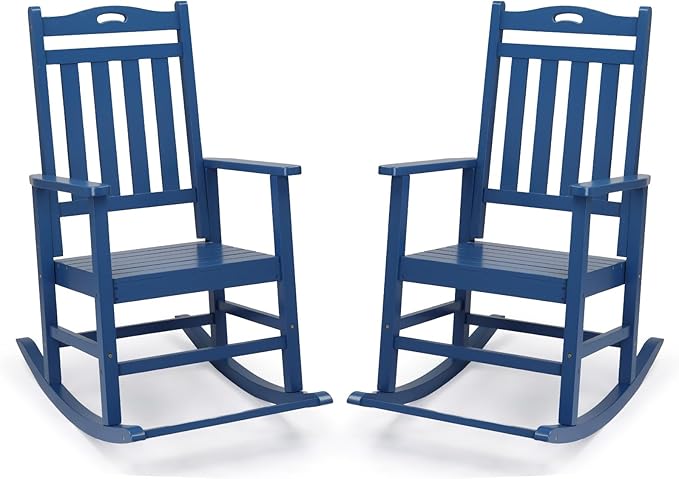 VINGLI Outdoor Rocking Chair with Footrest, Wooden Rocking Chair with 450 LBS Weight Capacity, Patio Rocker with Comfortable Backrest for Garden, Yard (Navy Blue, 2PCS)