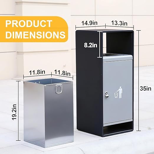 Commercial Outdoor Trash Can with Lid,Rust-Resistant Waterproof Windproof Garbage Can with Removable Inner Barrel, Lockable Stainless Steel Trash Bin for Patio Hotel Park Garden(Gray)