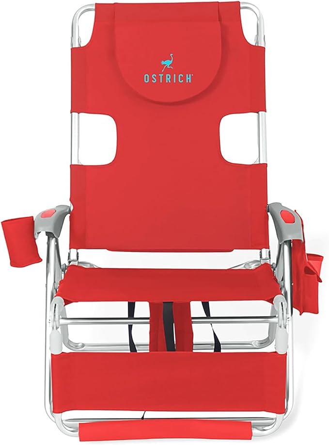 Ostrich Deltess 3N1 Portable Tanning Chair, Reclining Outdoor Lounger, and Cooler Bag, Lightweight and Adjustable, Red