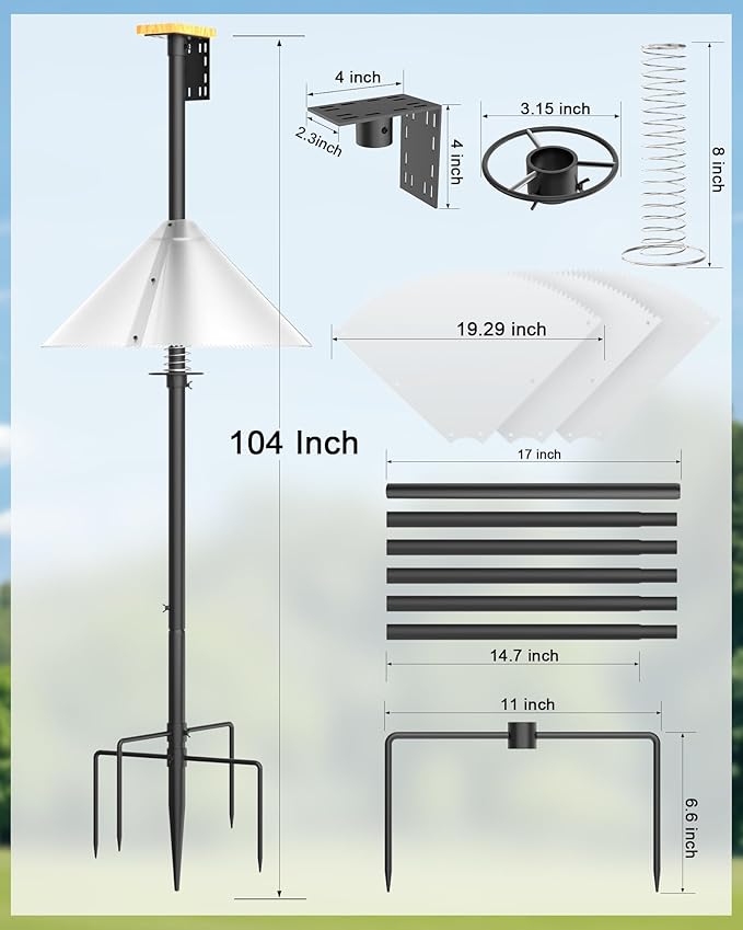 Bird Feeder Pole with Squirrel Baffle - 104 Inch Bird House Pole for Outdoors Heavy Duty, Squirrel Proof Baffle with Stainless Steel Spring for Better Defense, Slip-Fit Connection
