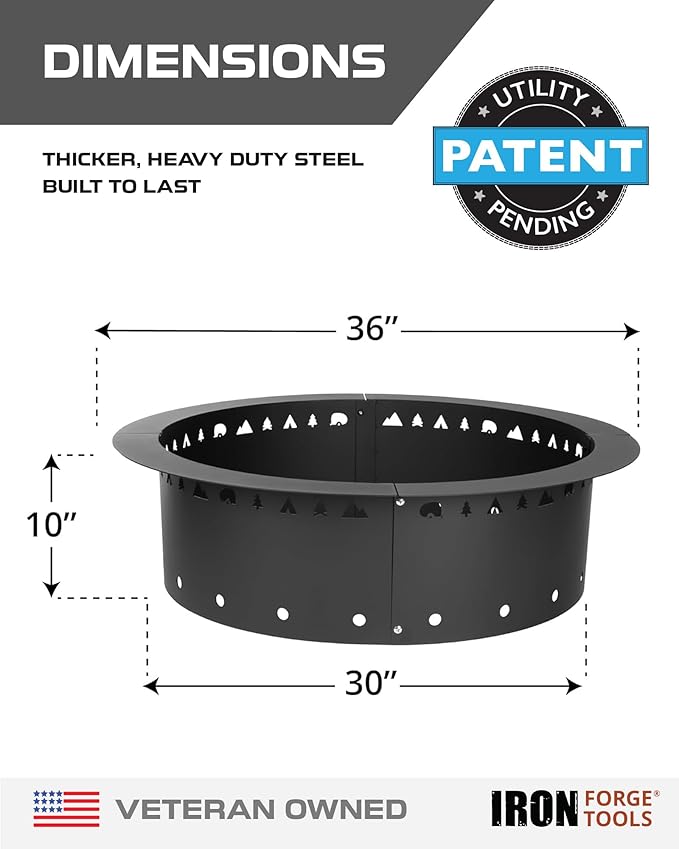 Iron Forge Tools Fire Pit Ring 36 Inch Outer/30 Inch Inner - Outdoor Heavy Duty Metal Round Smokeless Permanent Fire Ring Insert Liner (36x30x10)