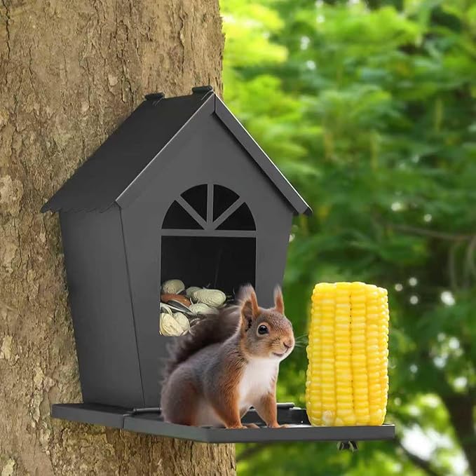 Squirrel Feeders for Outside，Squirrel Feeder with Foldable Metal Front Panel Perch Funny Metal Chipmunk House Hanging Tree Boxes Easy to Refill