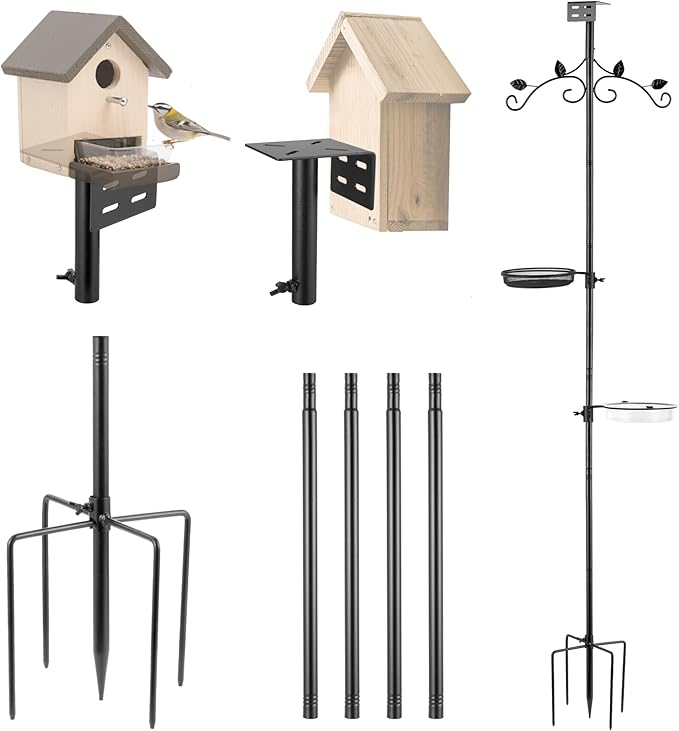 ERYTLLY Bird Feeder Pole Stand, 91 Inch Bird House Pole with 5-Prong Base Shepherds Hook for Hummingbird Feeders, Adjustable Bird Feeder Stand with Water Bowl Metal Mesh Tray for Outdoor Garden Decor