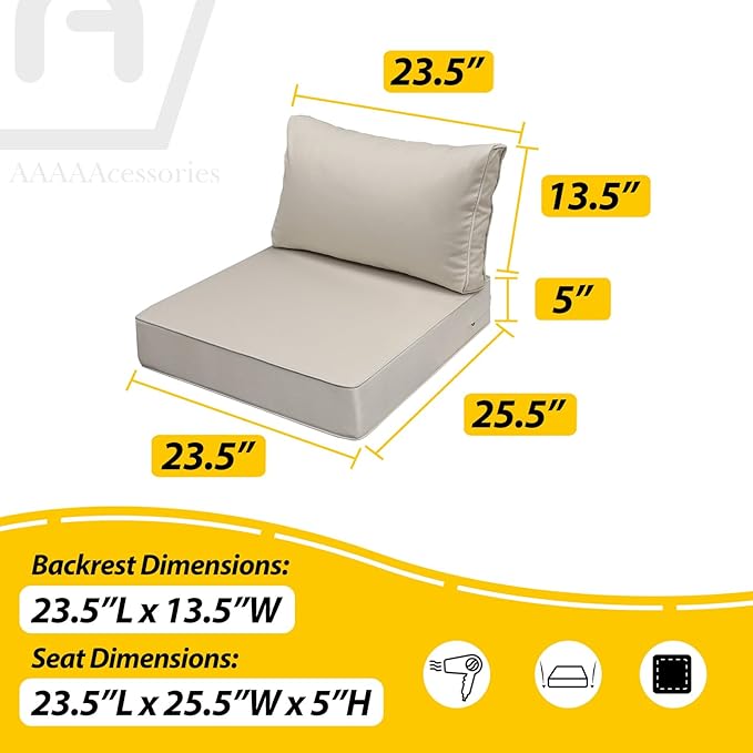 AAAAAcessories Outdoor Seat Cushions for Chairs, Fade-Resistant, Waterproof Patio Furniture Replacement Cushions, 23.5" x 25.5" x 5" + 23.5" x 13.5", Beige