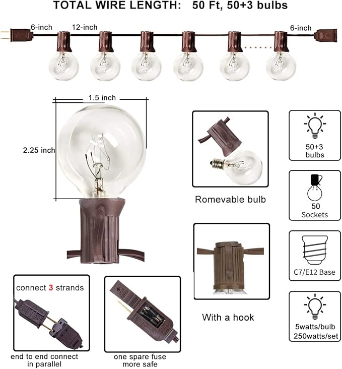 Abeja 50Ft Outdoor Patio String Lights with 53 Clear Globe G40 Bulbs,UL Certified for Patio Porch Backyard Deck Bistro Gazebos Pergolas Balcony Wedding Gathering Parties Markets Decor, Brown Wire