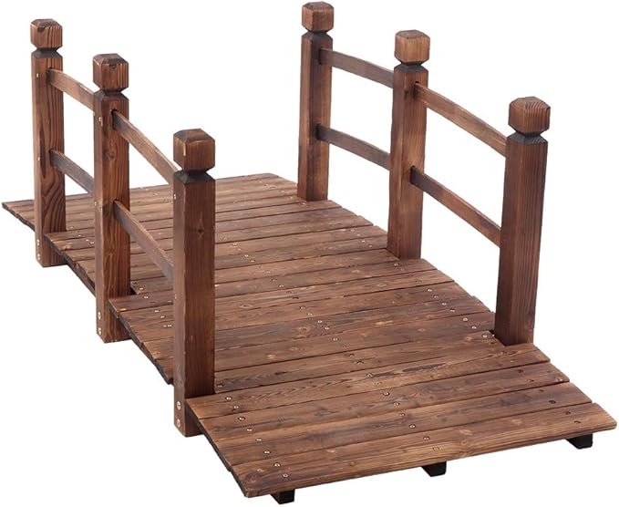 5 ft Garden Bridge, 500 LBS Capacity Arch Bridge Small Wooden Bridge with Safety Rails, Decorative Pond Landscaping, Backyard, Creek or Farm, Brown
