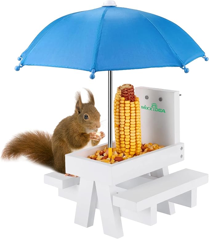 MIXXIDEA Squirrel Feeder Table with Umbrella, Wooden Squirrel Picnic Table Feeder, Durable Squirrel Feeder Corn Cob Holder, with Solid Structure and 2 x Thick Benches(White&Blue)