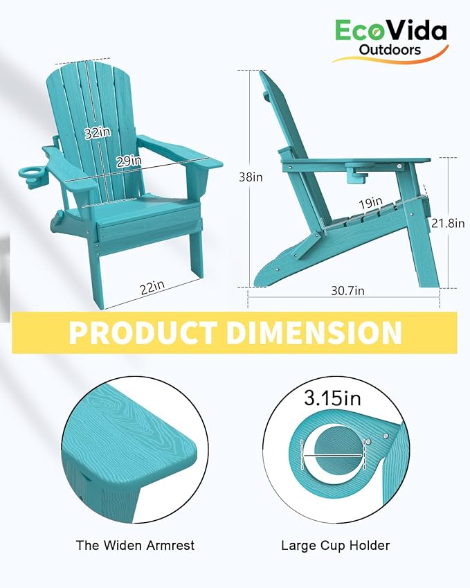 Upgraded Folding Adirondack Chair with All-Weather Cup Holder-EcoVida, Premium Wood Grain Texture, HDPE Waterproof, Suitable for Fire Pit, Patio, Porch, Aruba