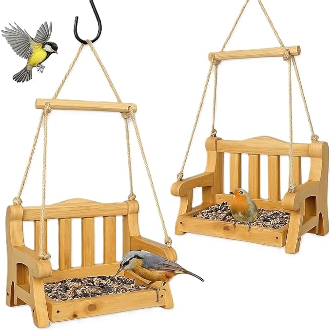 2pk Cedar Swing Birdfeeder,Traditional Regency Seat Style, Solid Wood Hand Curve Cutting, Rustic Proof Metal Mesh Tray, Bird Feeder for Outside, BJD Dolls Swing