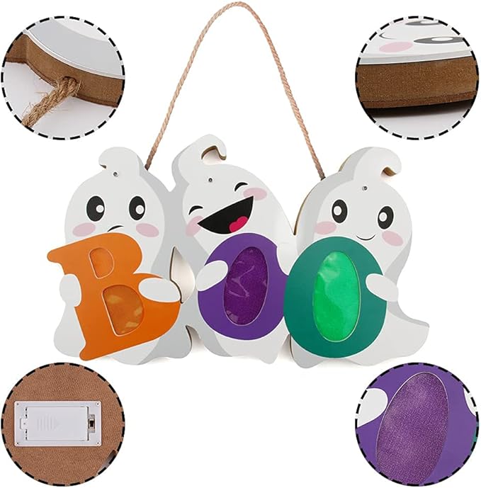 LOMIMOS Halloween Door Hanger Sign Decorations with Lights, Cute Ghost Welcome Sign for Front Door Porch Outdoor Indoor Hanging Wall Decor Farmhouse Holiday Decor