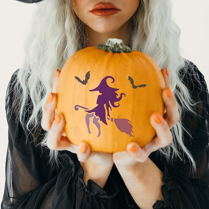 MAYJOYDIY 3pcs Witch Stencils 11.8×11.8inch Witch on a Broom Stencil Template with Paint Brush Tomb Bat Magic Theme Drawing Stencil for DIY Projects Crafts Furniture Canvas Wall Decor