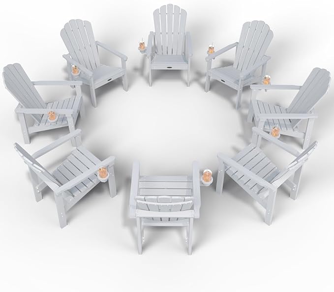 Stackable Adirondack Chair Set of 8, HDPE All-Weather Adirondack Chairs - Durable and Space Saving, Plastic Outdoor Fire Pit Chairs with Cup Holder,White