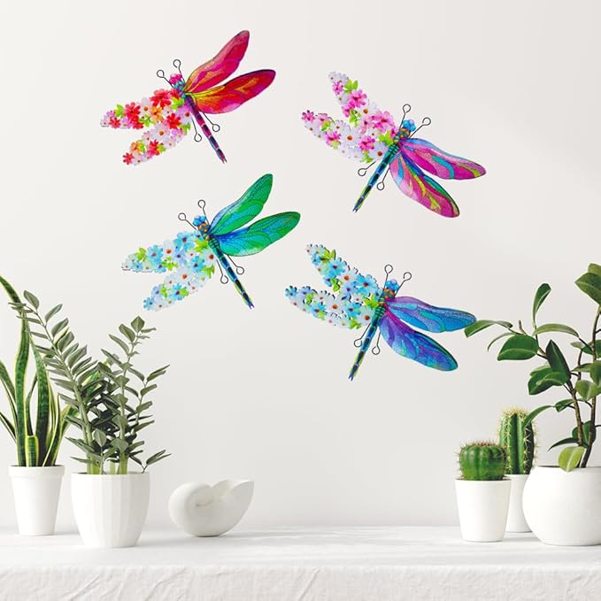 Dragonfly Wall Decor, 4 Pack Metal Outdoor Wall Decor Art, Colourful Dragonfly Decor for Garden Yard Patio Fence Living Room Bedroom