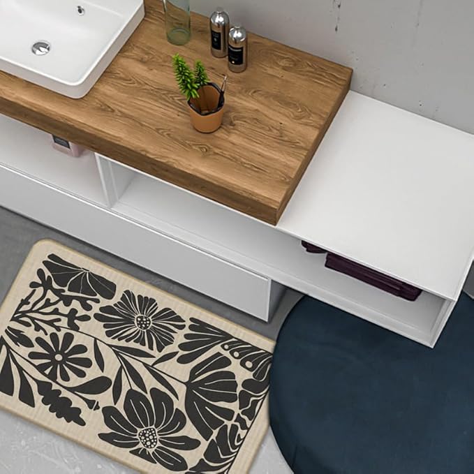 Boho Beige and Black Floral Door Mat Set 2 - Bohemian Neutral Floral Front Door Welcome Mats Outdoor Entrance, 17x30 Rug