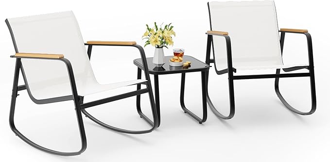 Aiho 3-Piece Patio Furniture Set, Outdoor Furniture with Textilene Fabric Rocker Chairs with Coffee Table, Patio Bistro Sets for Garden, Balcony, Poolside(White)