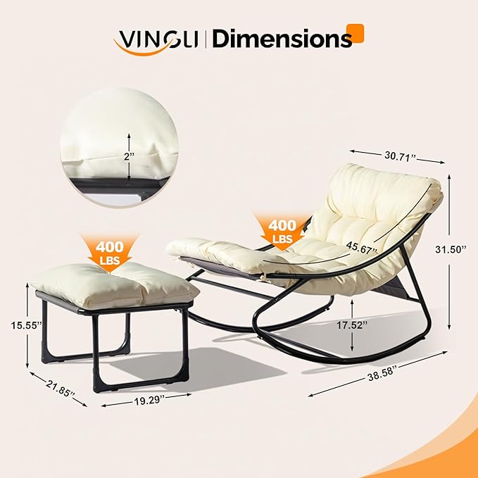 VINGLI Outdoor Rocking Chair with Ottoman, Comfortable Cushioned Lounge Chair for Indoor & Outdoor, Supports 400 LBS, White