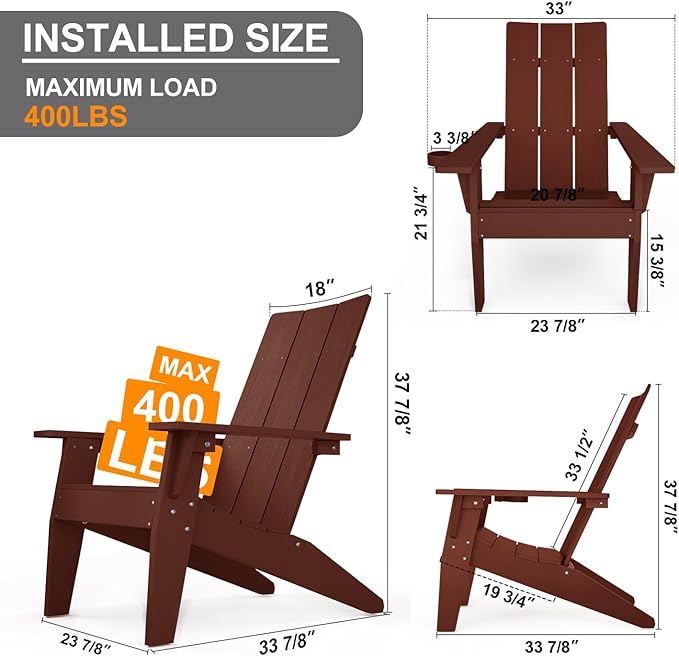 MXIMU Modern Adirondack Chair Weather Resistant with Cup Holder Oversized Fire Pit Chairs Adorondic Plastic Outdoor Chairs for Firepit Area Seating (Coffee)