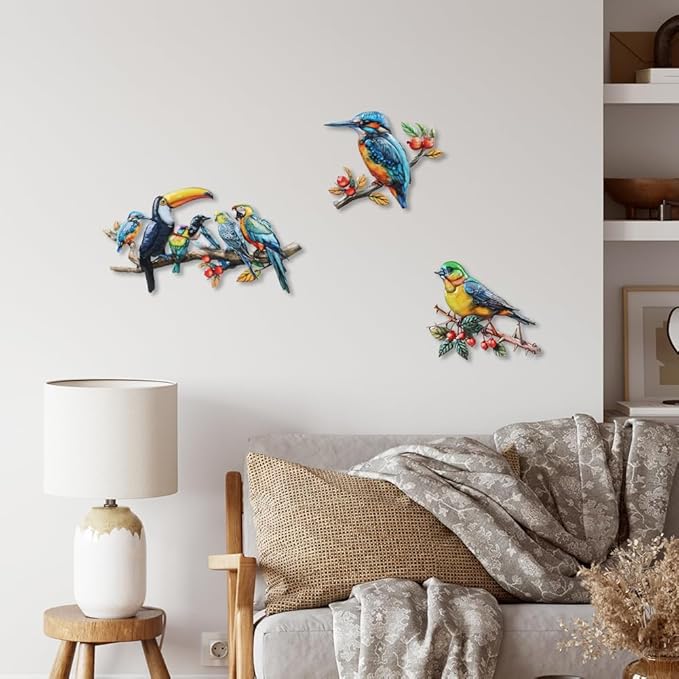 3 Pcs Metal Birds Wall Art Garden Decor, 3D Colorful Birds Outdoor Wall Art Yard Patio Fence Decoration, Hummingbird Parrot Toucan Wall Hanging Sculpture Outside Gift for Women Mom