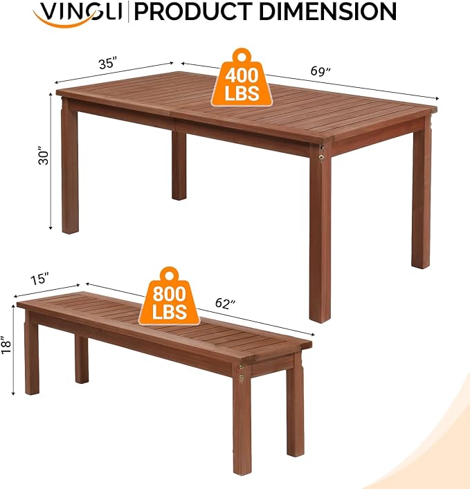 VINGLI 3-Piece Outdoor Dining Set, 69" Rectangular Wood Patio Table with 2 Benches, All-Weather Brown Fir Patio Furniture Set for Garden, Backyard, Lawn & Deck