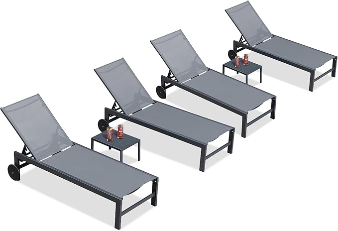 PURPLE LEAF Chaise Lounge Chair with Wheels for Outside 4 Pieces Aluminum Outdoor Lounge Chairs with 5 Adjustable Position Recliner for Patio Beach Yard Pool Side Table Included Grey