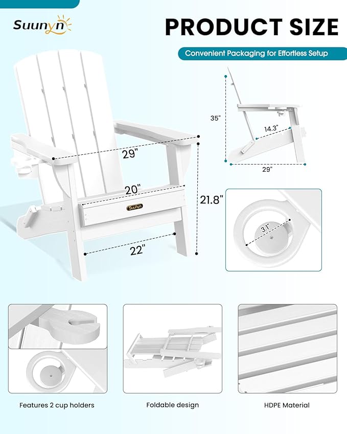Folding Adirondack Chair 4 Pack, HDPE All-Weather Fire Pit Chairs, Plastic Adirondack Chairs with 2 Cup Holder, Outdoor Lawn Chair for Patio Garden (White)