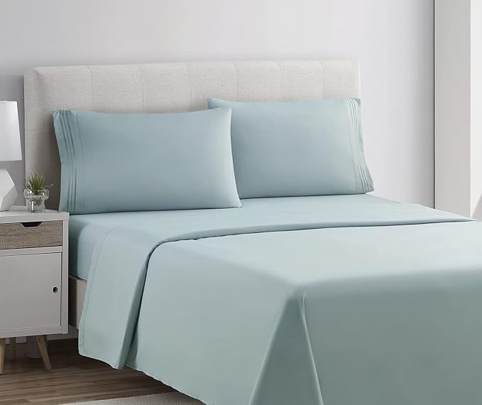 Clara Clark Bed Sheets Set, 4Piece California King Sheet Set, Microfiber, Deep Pocket, Light Blue Aqua, Solid, Premier 1800 Collection