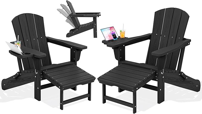 KINGYES Adjustable Folding Adirondack Chair with Footrest & 4-in-1 Multi-Functional Armrest Organizer Set of 2, HDPE Foldable Recliner Adirondack Chair with Pull-Out Ottoman, Black