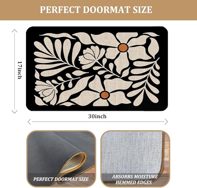 Boho Beige and Black Floral Door Mat - Bohemian Neutral Floral Front Door Welcome Mats Outdoor Entrance, 17x30 Rug