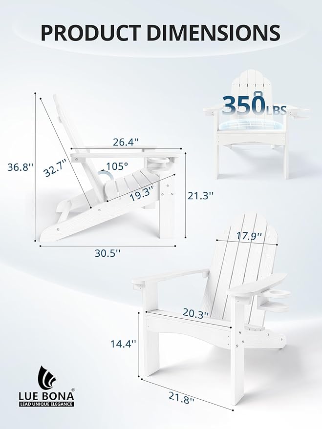 LUE BONA HDPE Adirondack Chair,Plastic Adirondack Chairs with Cup Holder Weather Resistant for Outdoor, Patio, Lawn, Garden, Backyard Deck, Fire Pit, White