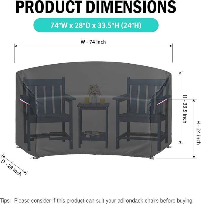 Cover for Adirondack Chair Set,Outdoor Patio Bistro Sets Covers for Balcony,Porch, Garden,Backyard,All-Weather Protector for HDPE Outdoor Table and Chairs(Only-Cover,71x28x33.5in,Black)
