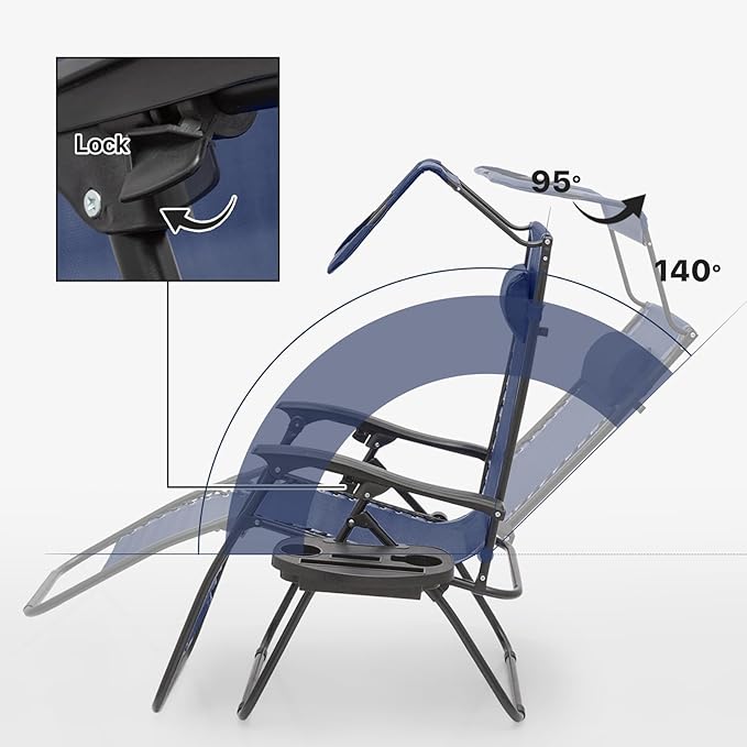 Magshion Zero Gravity Lounge Chairs with Canopy Set of 2, Outdoor Foldable Patio Reclining Chair, Adjustable Anti-Gravity Recliners with Headrest, Folding Lounger for Lawn Camping Beach, Navy Blue