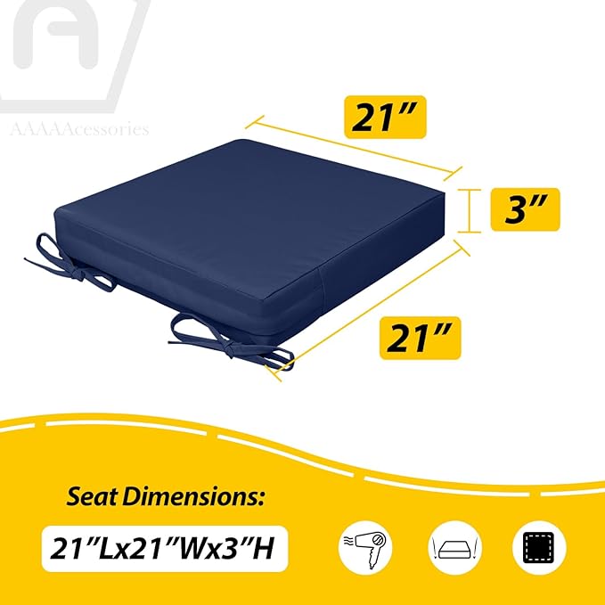 AAAAAcessories Outdoor Seat Cushions for Chairs, Waterproof, Fade-Resistant, 21" x 21" x 3", Patio Furniture Replacement Cushions, Set of 2, Navy Blue