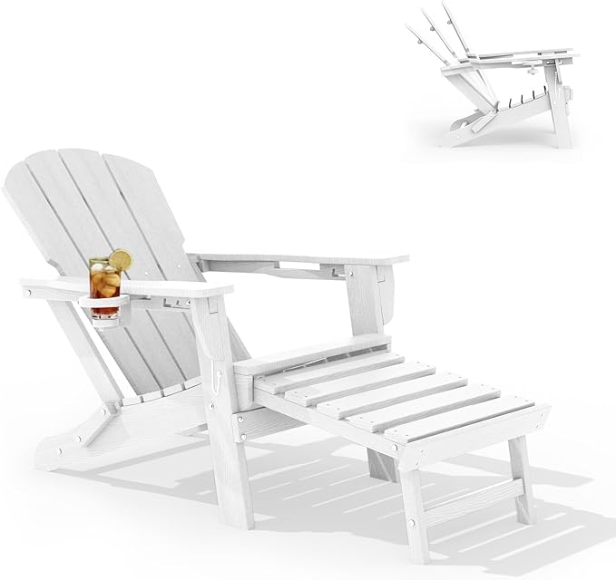 LOUNZY Folding Adjustable Adirondack Chair with Retractable Ottoman, HDPE Recliner Adirondack Chair with Cup Holder for Deck Lawn Fire Pit, White