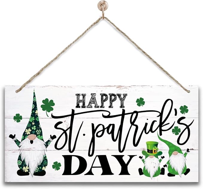 Hanging Happy St Patrick's Day Wood Decor Sign - Gnome Printed Wall Art, Irish Home Signs, Door Hanging, Rustic Farmhouse Decor