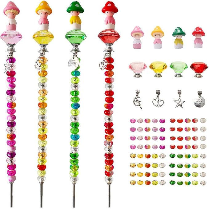 Fairy Garden Accessories Outdoor Kit - DIY Fairy Wand Beaded Garden Stakes Decorative with Miniature Mushrooms Figurine for Different Festivals, Beadable Items (Mushrooms)