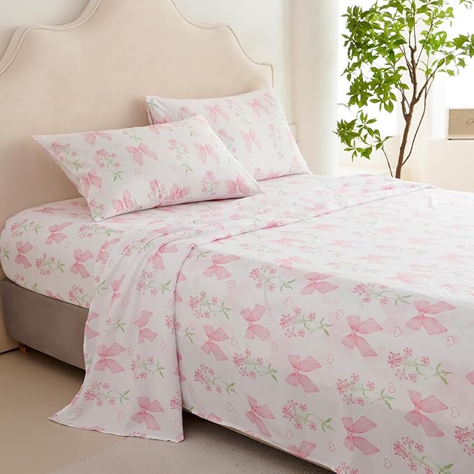 Pink Bow Sheet Set Twin Garden Floral Fitted Sheet Set for Girls Kids Soft Microfiber Fitted Flat Sheets & Pillowcases Cute Princess Style Bowknot Bedding Sets Toddlers 3 Pieces