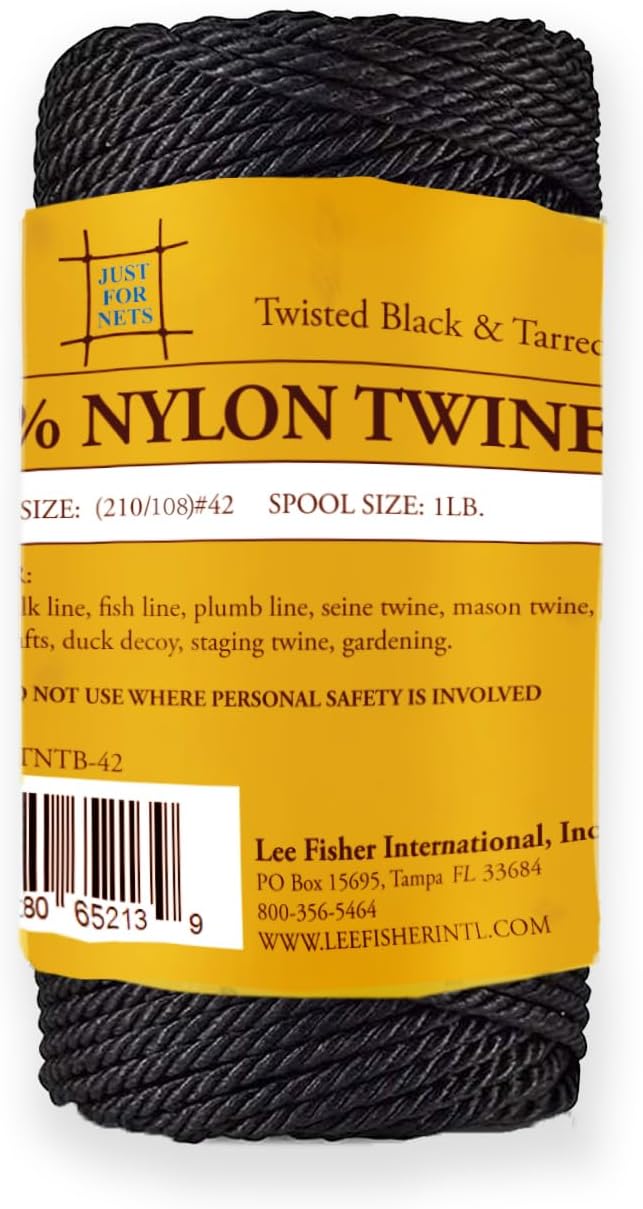 Just For Nets Twisted Tarred Nylon Bank Line Twine, Black, 1lb Spool - Heavy Duty String for Net Repair, Camping, Trot Line Fishing, Bushcraft Cordage (#42-1lb Spool)