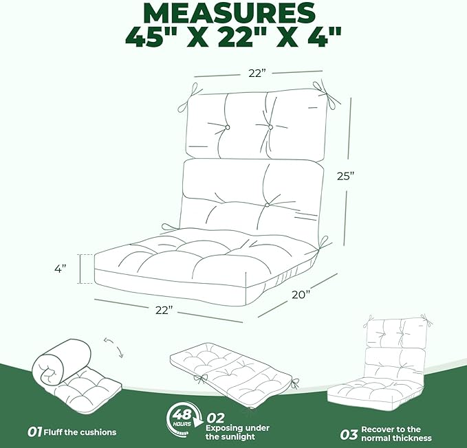 Outdoor/Indoor High Back Chair Cushion, Waterproof Outdoor Rocking Chair Cushion with Ties, Tufted Replacement Seat Cushions for Outdoor Furniture, Green Floral
