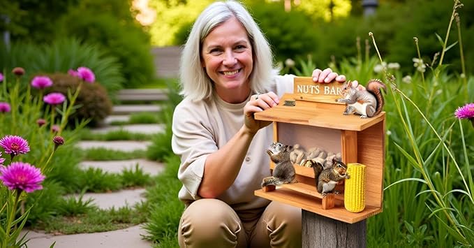 Hanging Squirrel Feeders for Outside, Large Squirrel Picnic Table Feeder with Water Bottle, Funny Nuts Bar Squirrel Feeder, Wooden Chipmunk Feeder Box, No Assembly Required