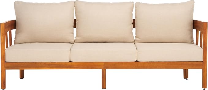 SAFAVIEH Outdoor Collection Owen Natural Teak Solid Wood/Taupe Cushion 3-Seater Sofa