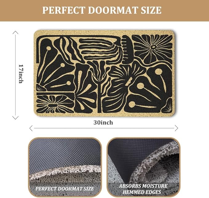 Boho Beige and Black Floral Door Mat - Bohemian Neutral Floral Front Door Welcome Mats Outdoor Entrance, 17x30 Rug