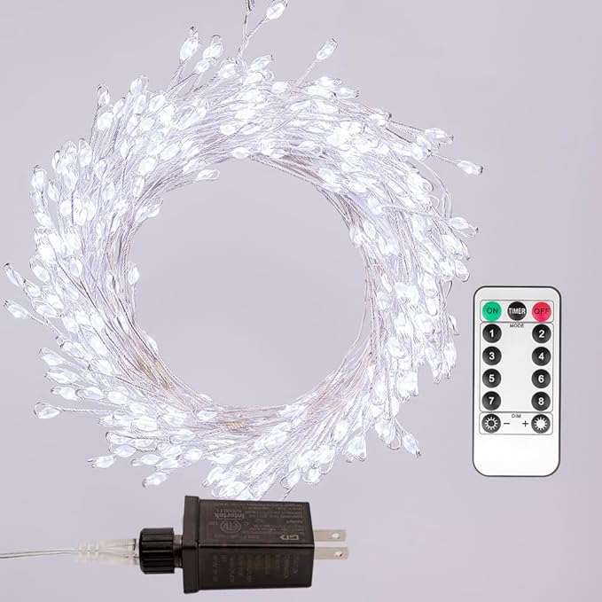 Fairy Lights Plug in, 33 Feet 300LED Cool White Silver Wire Firecracker Firefly Lights with Remote, Waterproof Copper Wire Lights for Bedroom Wreath Window Wedding Christmas Tree Decoration