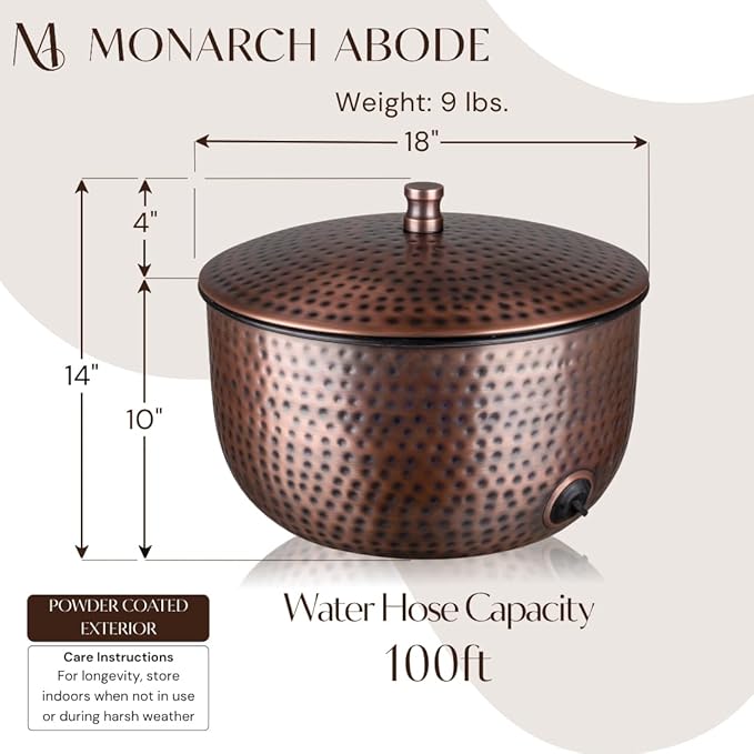 Monarch Abode Garden Hose Holder with Lid – Decorative Water Hose Holders for Outside, Hand Hammered Metal Antique Copper Pot with Drainage, 100ft Waterhose Holder for Outside, Garden Storage Caddy
