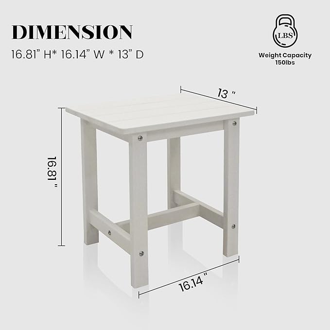 Outdoor Side Table, Adirondack Small Patio Table, Plastic Small Table, HDPS Side Table for Pool, Balcony, Porch, Deck, Backyard, Indoor or Outdoor Use, White