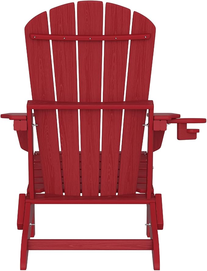 Plawdlik Folding Adirondack Chair, SGS Tested, Wooden Textured with Cup Holder, Heavy All-Weather HDPE Outdoor Chairs for Patio Backyard Lawn,Red