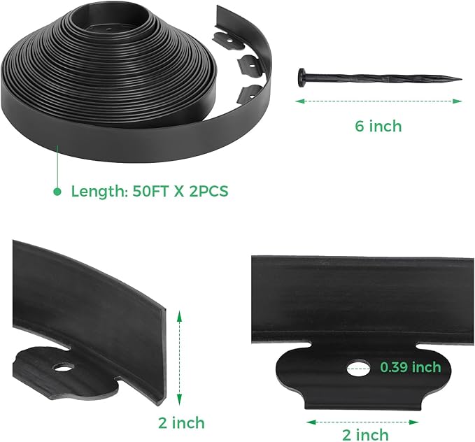 2-Inch x 100 FT Landscape Edging Border with 150 Stakes, Plastic Edging for Landscaping Garden Edging Border, Flexible Landscaping Edging for Garden Flower Beds Yard Lawn Pathway Paver (Black)